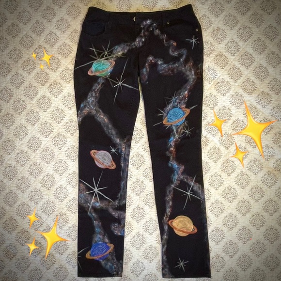 Denim - Hand Painted Black Jeans with Vibrant Planets and Stars Design OOAK Size 9